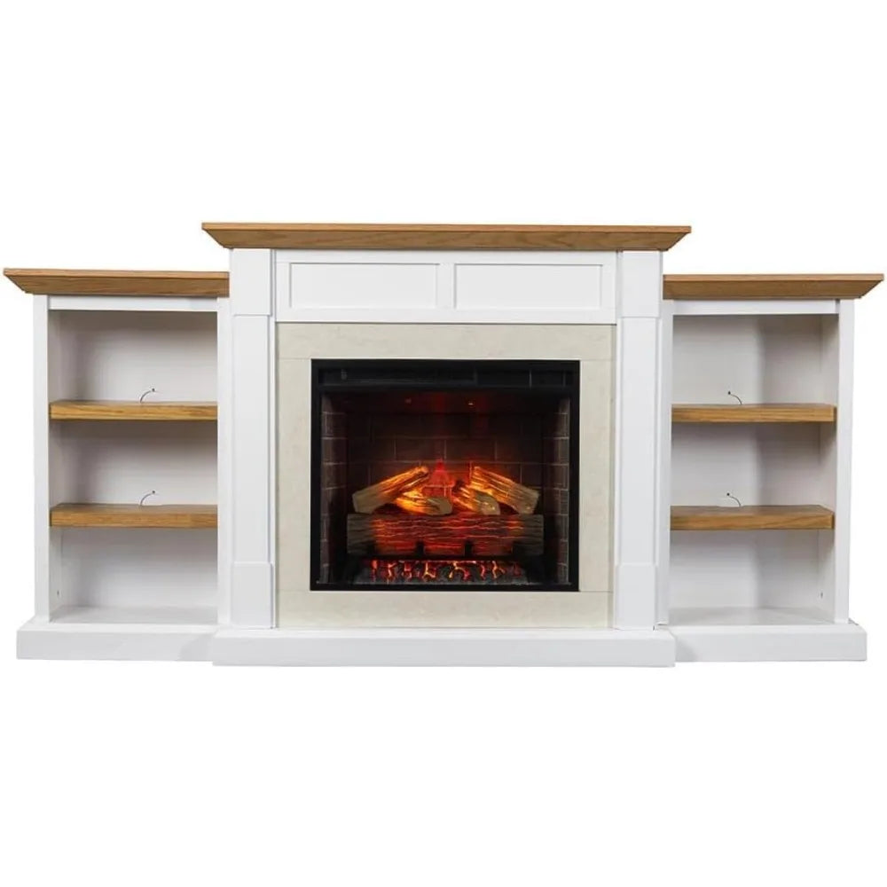 74 Inch Bookcase, Mantel Package | 23 Inch Smart Electric Fireplace Insert Heater W/Remote | Warm Walnut Shelving