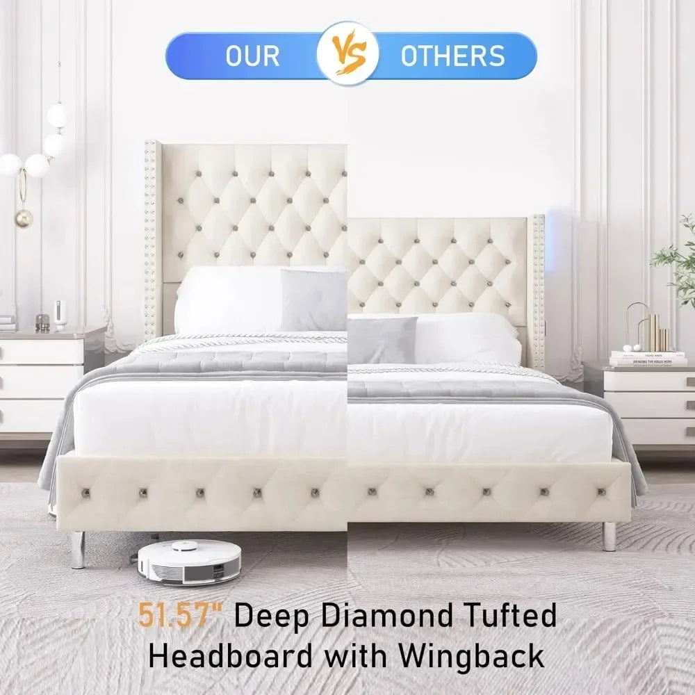 Queen LED Bed Frame with Wingback Headboard, Velvet Diamond Button Tufted Bed Frame w/USB&Type-C Ports Bed Frame