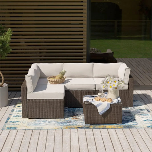 5-Piece Outdoor Wicker Sofa, in Off White Cushions, Wicker Patio Furniture Set W Glasstop Table, Garden Furniture Sets