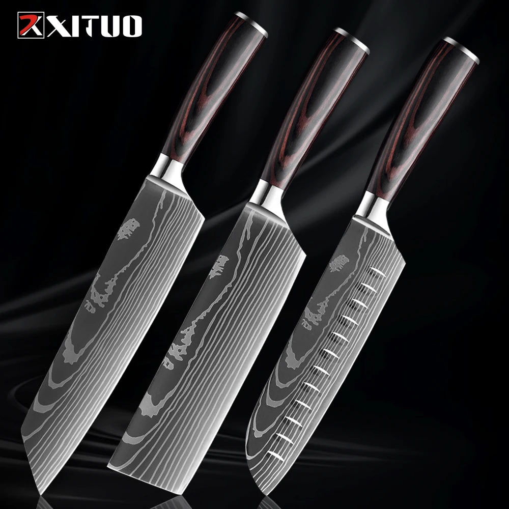 XITUO Kitchen Knife Set 1-9PCS,7Cr17Mov Stainless Steel Sharp Chef Knife Santoku Knife Fruit knife Ergonomic Pakkawood Handle