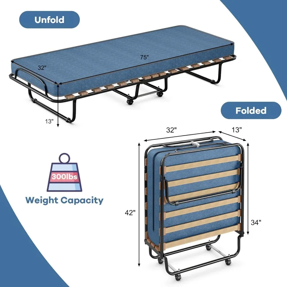 Rollaway Folding Bed with Soft Memory Foam Mattress, Portable Sleeper Bed Cot Size with Metal Frame for Adults