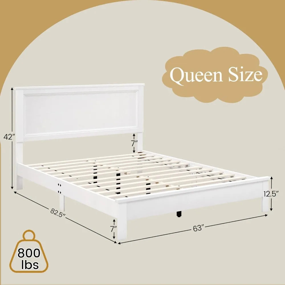 White Bedroom Beds Wooden Mid Century Platform Bed With Slat Support & Under Bed Storage No Box Spring Needed Double Bunk Queen