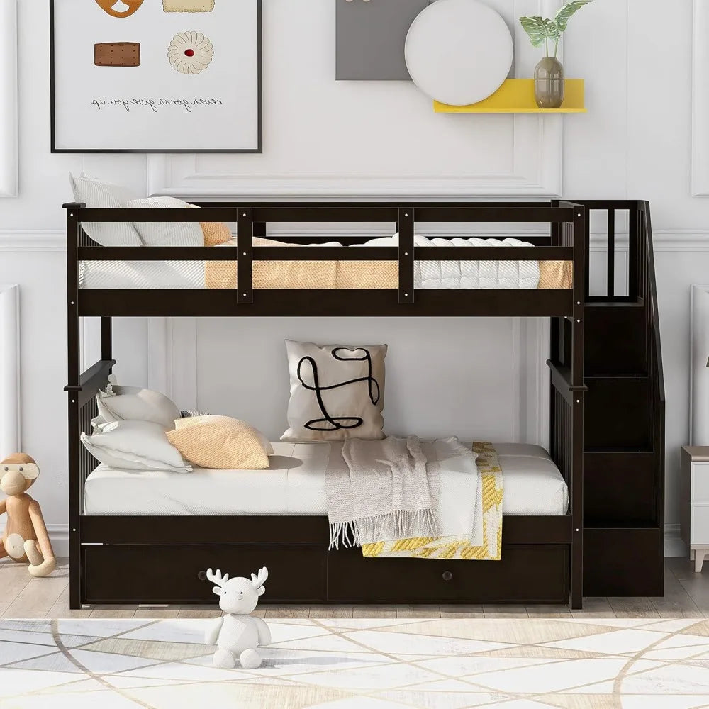 Bunk Bed ,with Stairs and Trundle,with Storage, for Kids Teens Adults ,Wooden Bunk Bed Frame