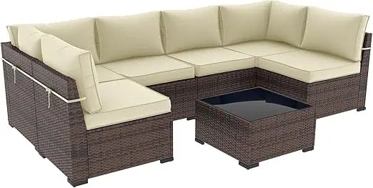 Outdoor Rattan Sofa Set, with Slanted Back, Patio Couch with Glass Coffee Table for Backyard ,7 Pieces Patio Furniture Sets