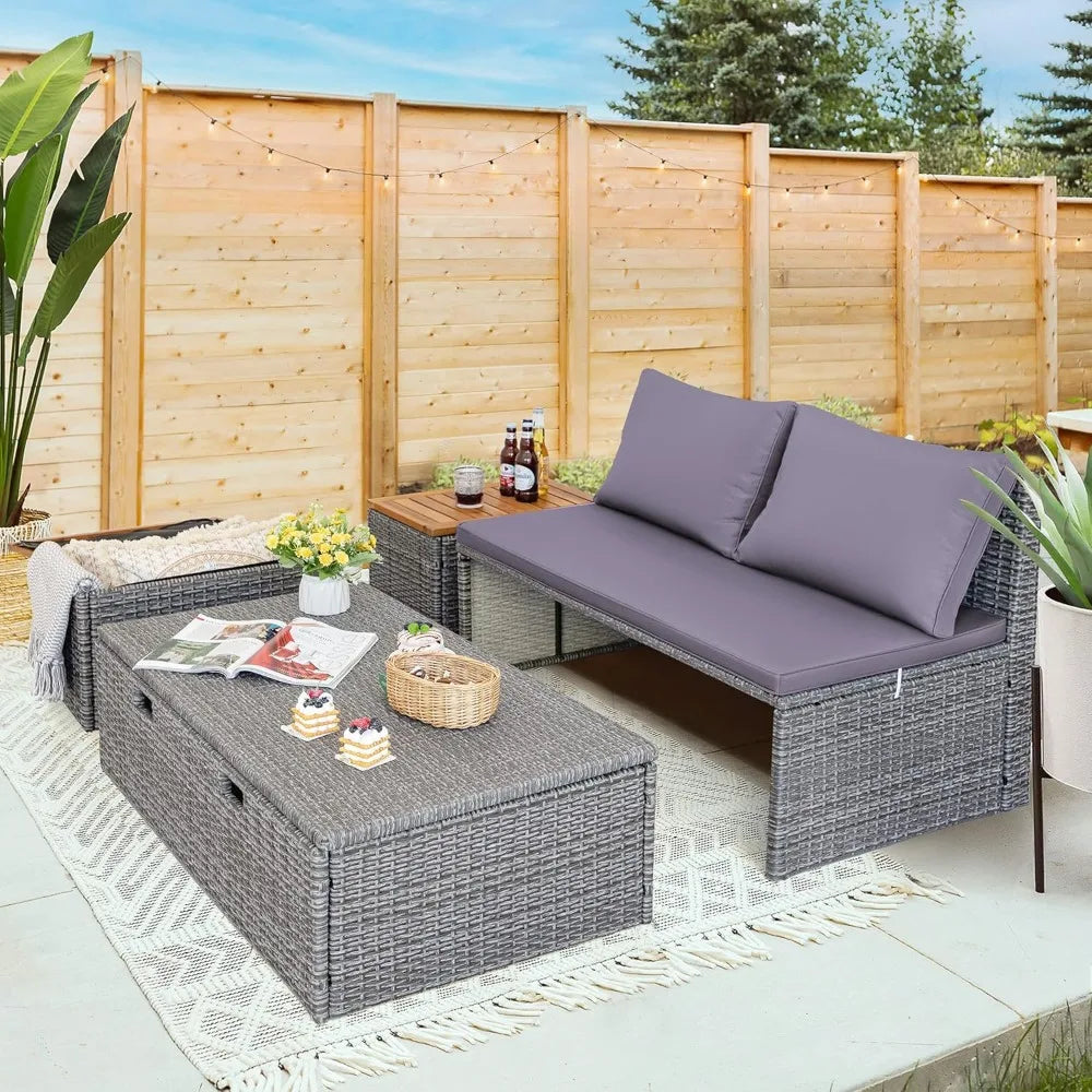 Patio Day Bed with 2 Side Tables Outdoor Daybed Set MultifunctionalRattan Lounge Bed for Backyard Porch Poolside Lawn Beach