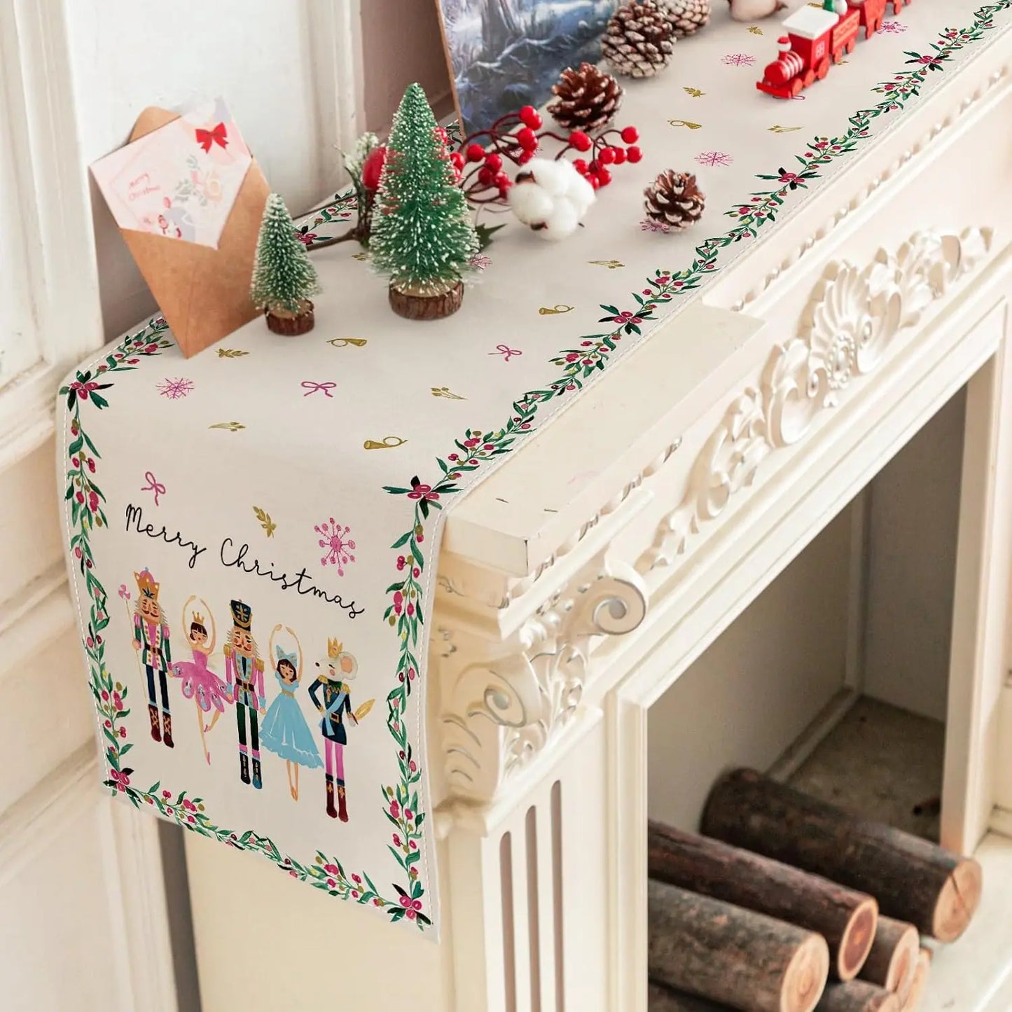 Merry Christmas Nutcrackers Cartoon Linen Table Runner Dresser Scarf for Winter Holiday Party Decor Kitchen Dining Table Decor