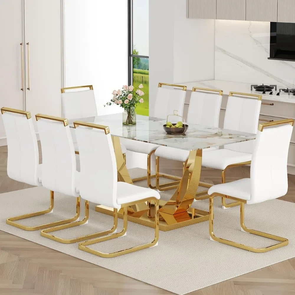 71” Dining Table Set for 8,Dining Room Table Set for 8, Gold Kitchen Table and 8 PU Leather Chairs,Tempered Glass Tables Set