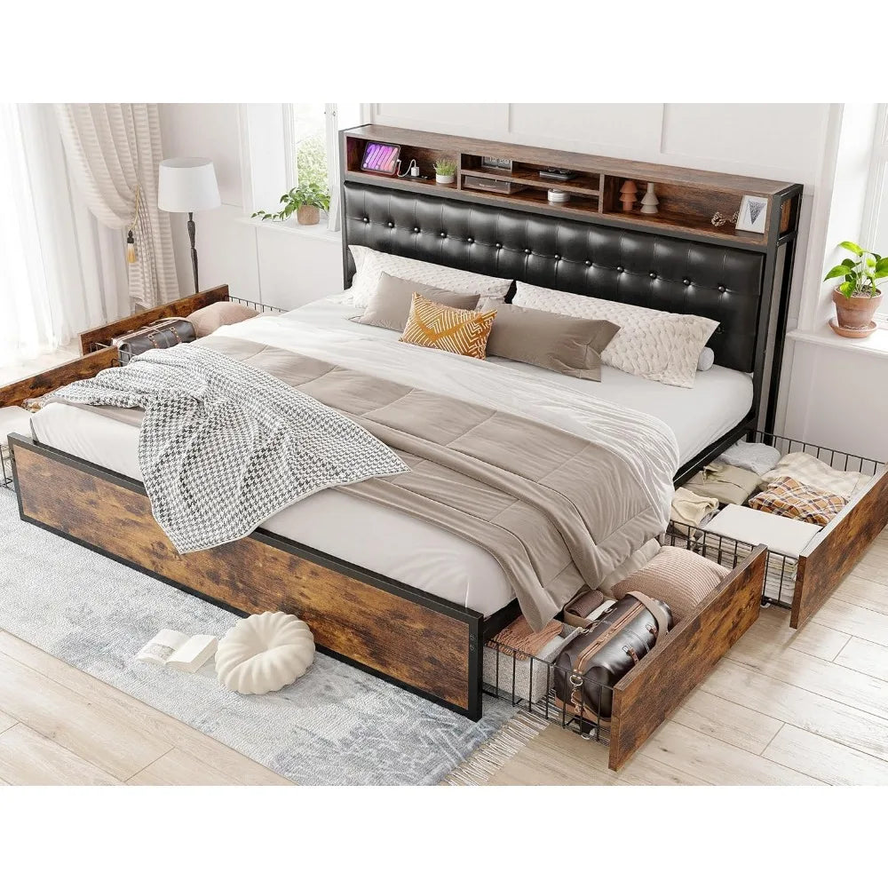 King Size Bed Frame with 4 Storage Drawers King Bed Frame and Headboard UpholsteredKing Size Bed Frame with Storage