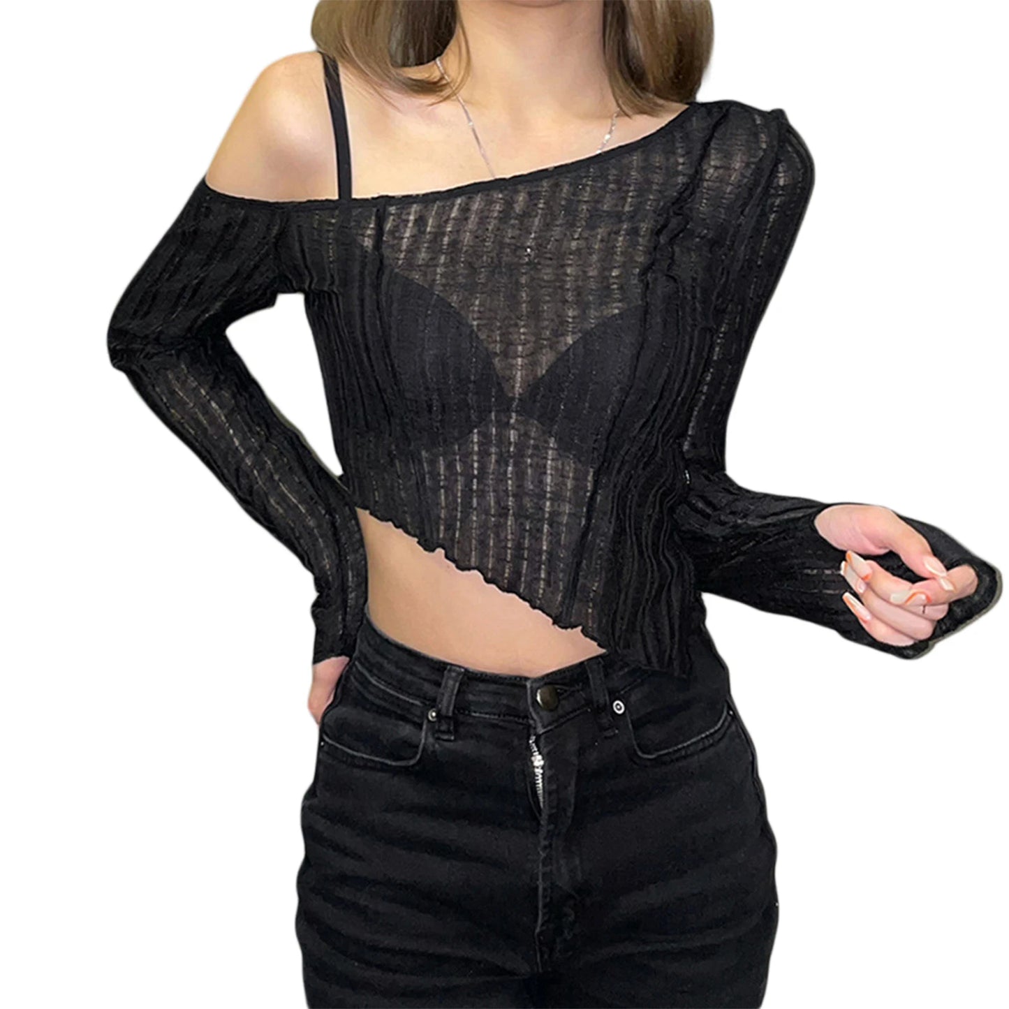 Chic Casual Style: Women's Long Sleeve T-shirt with Oblique Shoulder and Irregular Exposed Navel Design