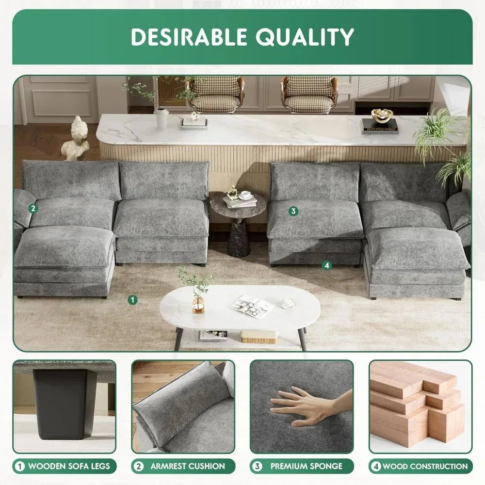 U Shaped Chenille Fabric Couch , with High Supportive & Soft Sponges and Removable Ottoman,Sectional Modular Sofa