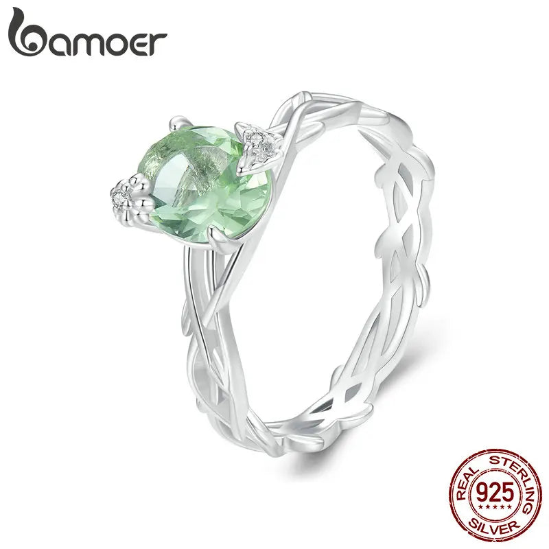 Bamoer Vine Ring for Women Solid 925 Sterling Silver Green Round Gemstone Ring for Wedding Engagement Jewelry BSR466