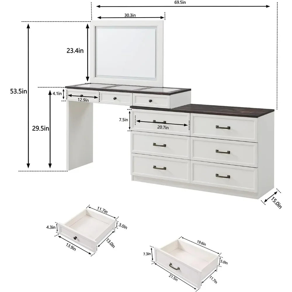 Vanity Desk with Glass Top, Makeup Table with 9 Large Storage Drawers, Dressing Table with 3 Color Available Light, Vanity Desk