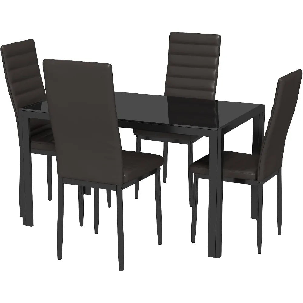 5 Piece Glass Dining Table Set, Kitchen and Chairs for 4, PU Leather Modern Room Sets for Home, Kitchen, Living Room