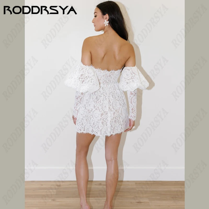 RODDRSYA Strapless Lantern Sleeves Wedding Dresses For Women A-Line Tulle Short Bride Party Zipper Backless Vestido De Novia