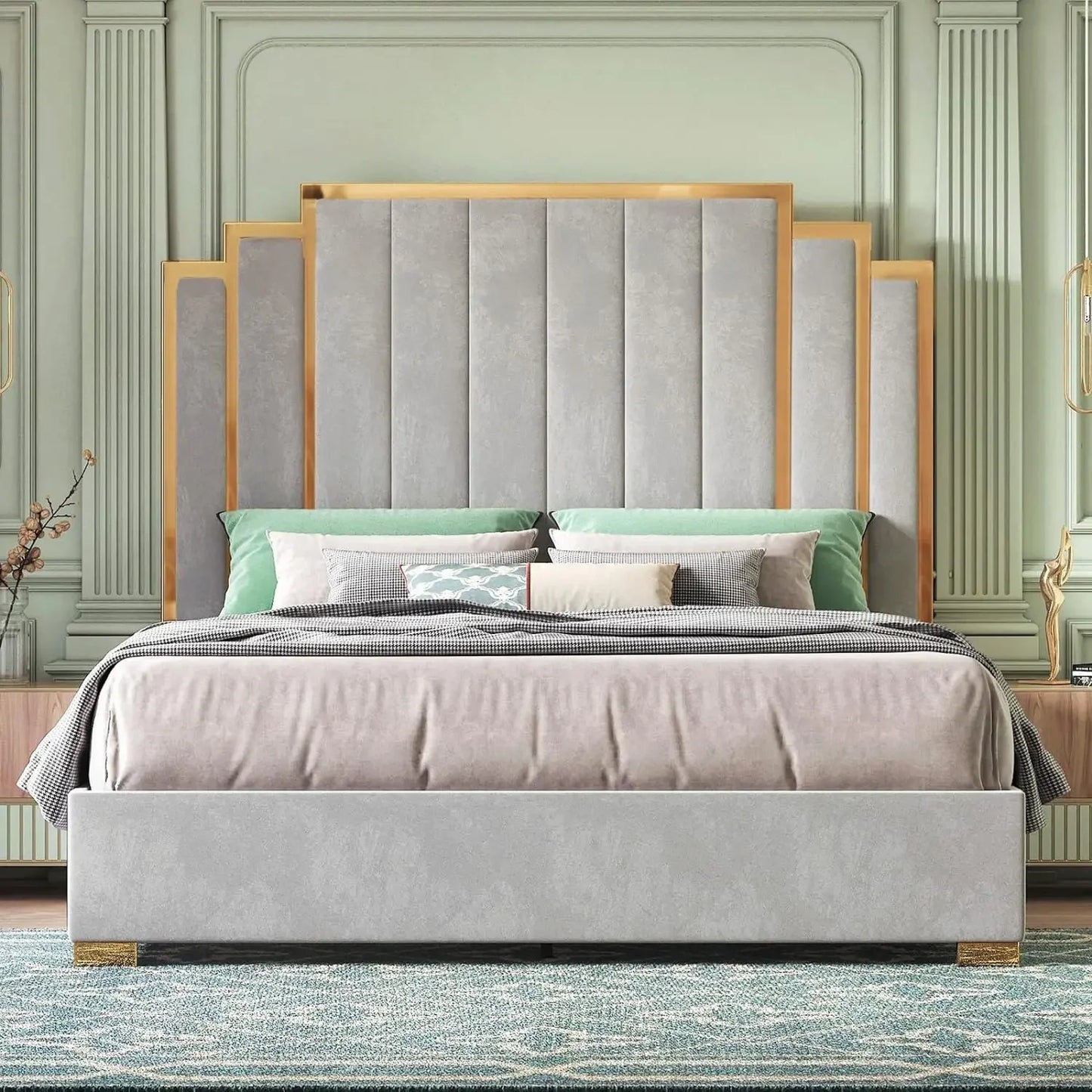 Queen Size Bed Frame and 61" Headboard, Upholstered Bed with Golden Plating Trim, Modern Platform Bed Suitable for bedroom