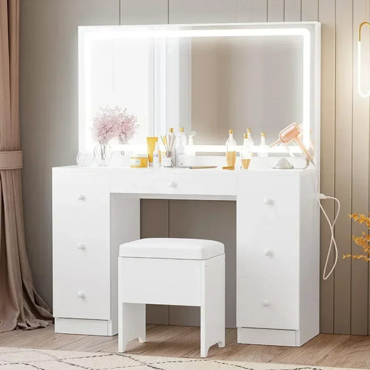 Vanity Desk Set with LED Lighted Mirror & Power Outlet, Makeup Vanities Dressing Table  for Bedroom with Stool 7 Drawers