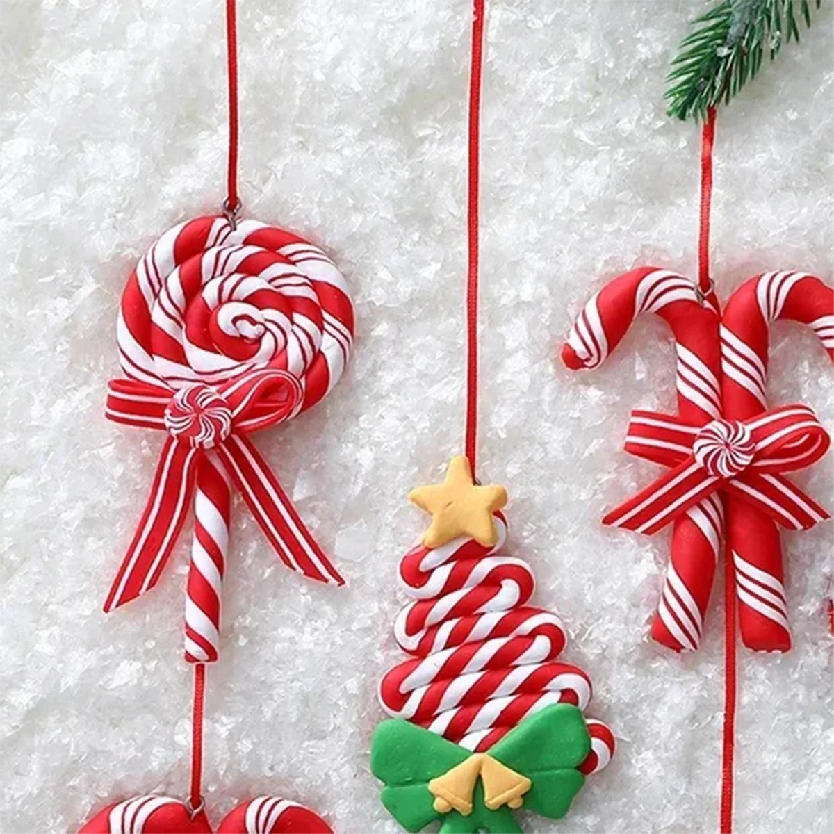 Christmas Tree Decoration Ornament Soft Clay Lollipop Red White Candy Cane Xmas Tree Pendant Christmas New Year Gift E