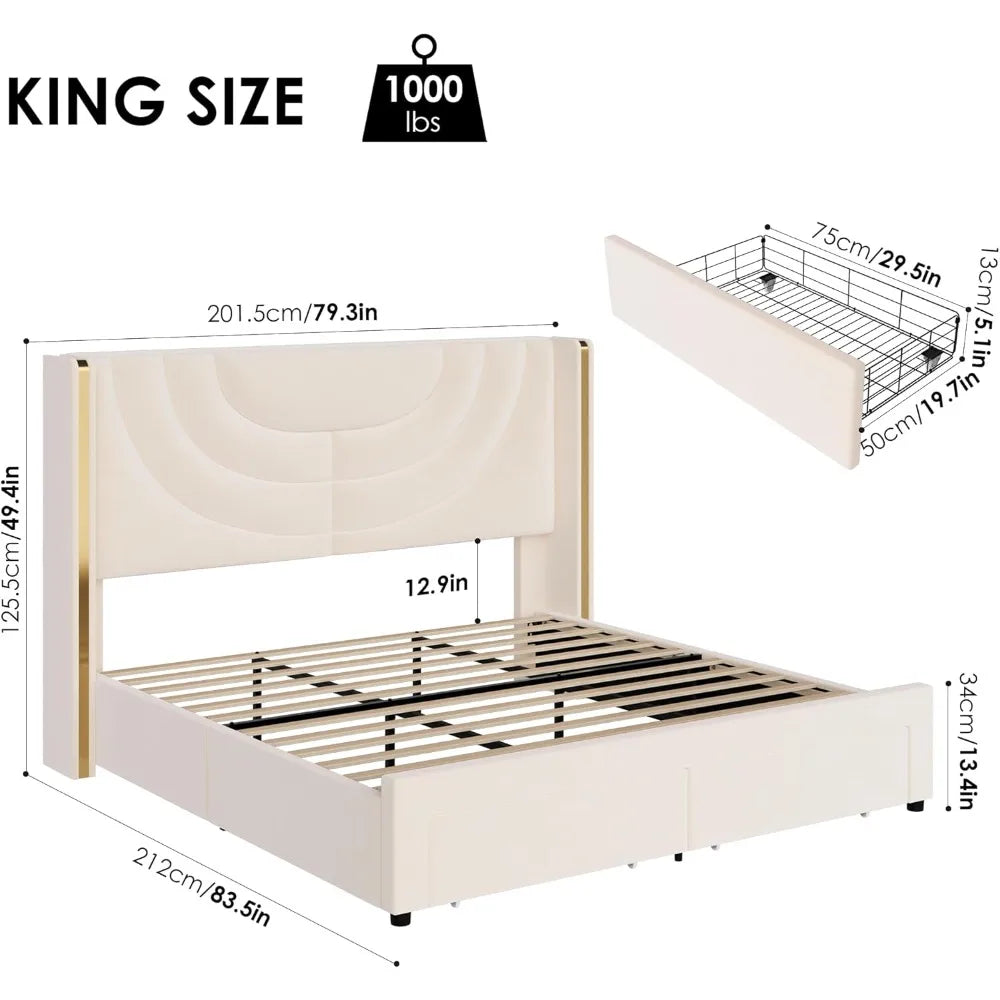 King Upholstered LED Bed Frame with 2 Storage Drawers, Velvet Platform Bed with Wingback Headboard, Headboard Splicing Design