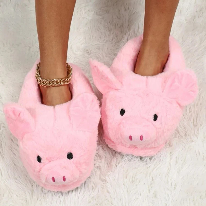 Cute Pig Winter New Women Slipper Heel Cover Warm Slippers Soft Fur Indoor Comfortable Fluffy Home Slides Girls Cartoon Footwear