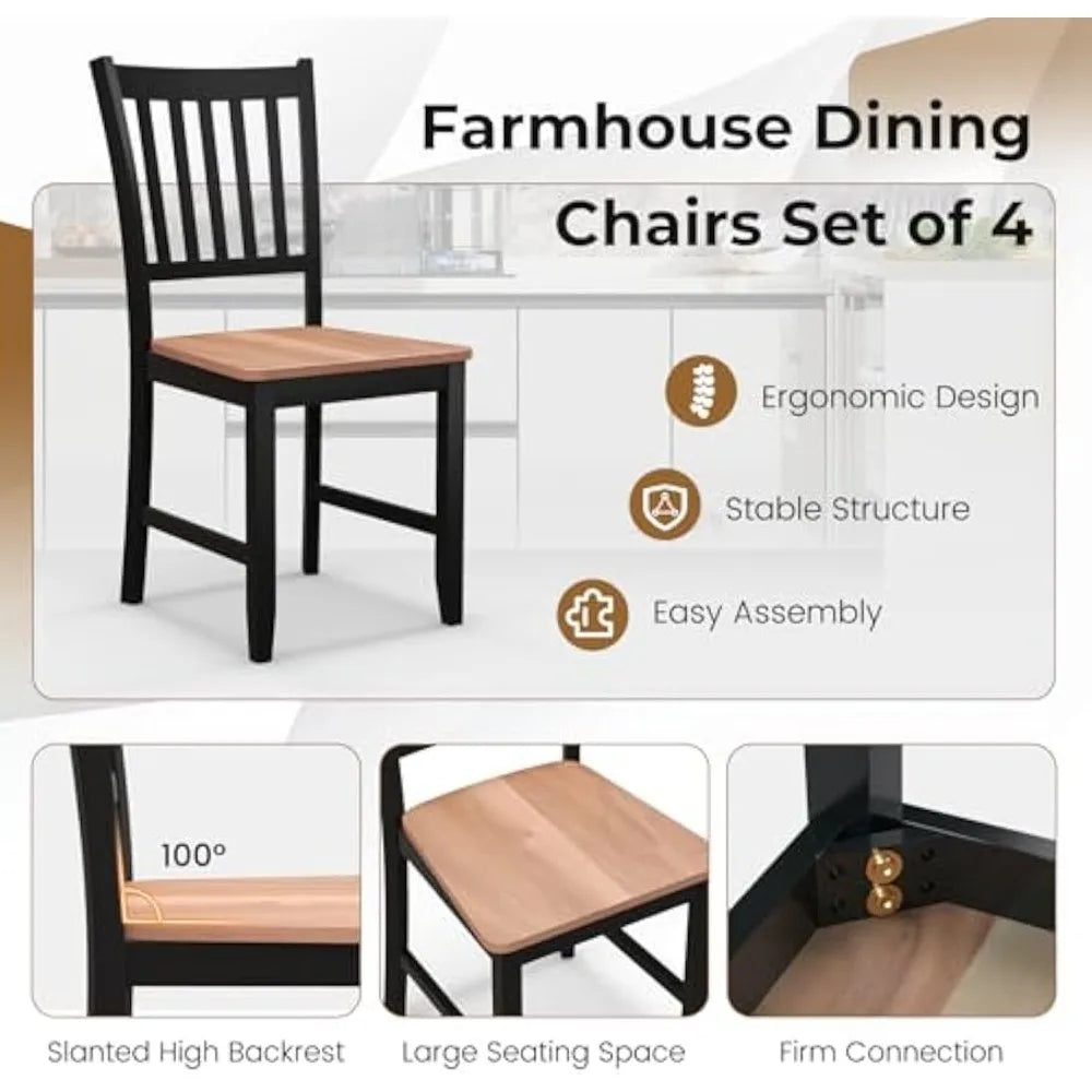 Wooden Dining Chairs Set of 4, Farmhouse Kitchen Chair with Rubber Wood Legs, Easy to Assemble Armless Dining Side Chairs, Black