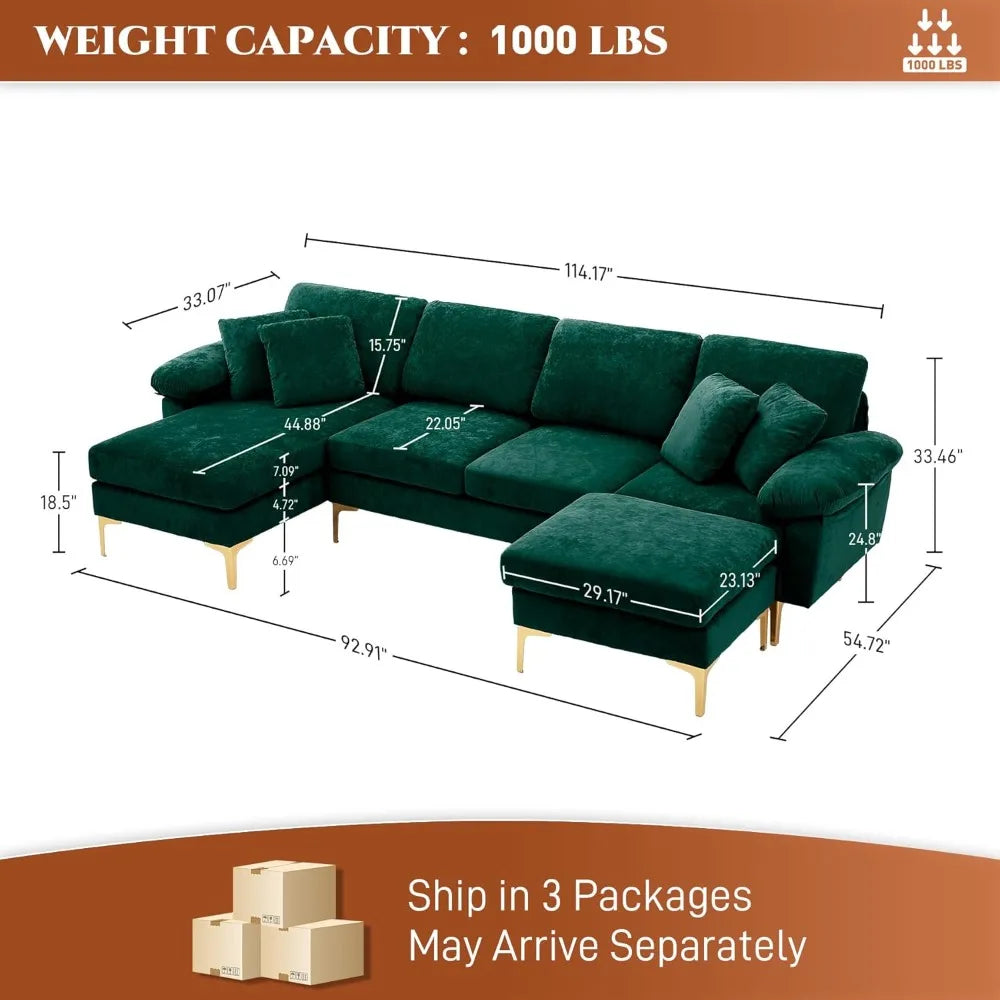 U-Shaped Sectional Sofa Couch, 4 Seat Sofa Set for Living Room, Convertible L-Shaped Velvet Couch Set with Chaise Lounge