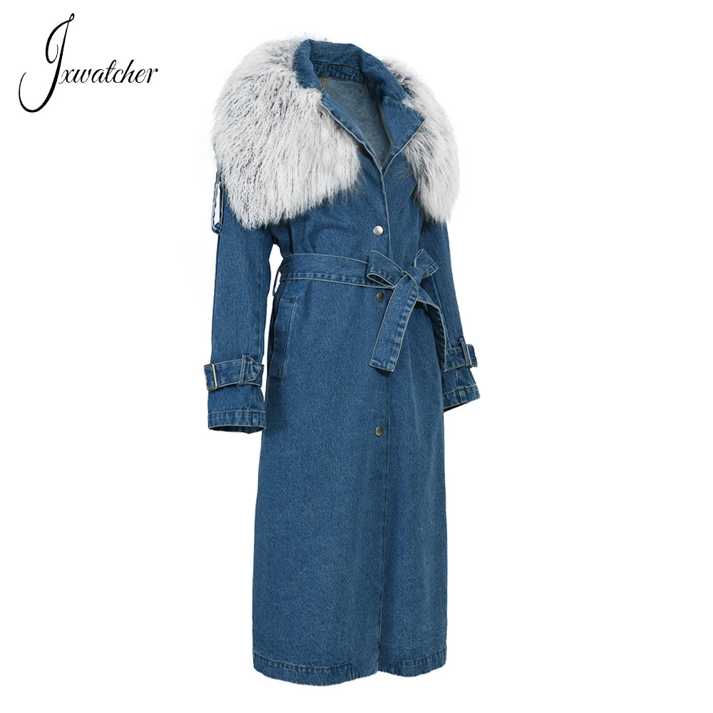 Jxwatcher Denim Coat 2024 New Coming Denim Windbreak With Mongolian Fur Collar Women's Spring Jacket Ladies Trench Coats Autumn