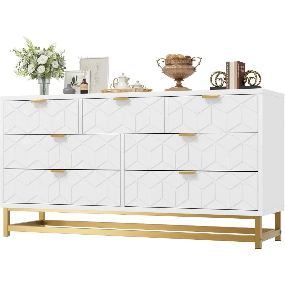 White 7 Drawer Dresser for Bedroom, 53.5" Large Dresser with Metal Legs, Modern Dresser Chest Organizer with Wide Storage