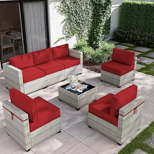 7-Piece Outdoor Patio Furniture Set,Gradient Wicker Sectional Sofa, Modular Wicker Patio Conversation Set, Garden Furniture Sets