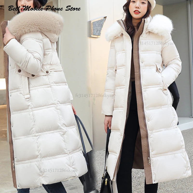 Long Parker Coat Jacket 2024 Women Autumn Winter Thick Warm Coats Woven Block Trend Hooded White Black Korean Coat Parkas