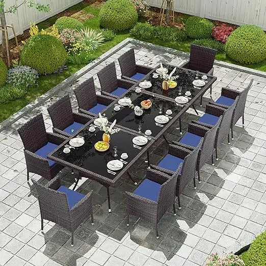 15-Piece Outdoor Dining Set,Square Glass Tabletop with Umbrella Hole for Patio,Backyard,Garden,Patio Rattan Furniture Set