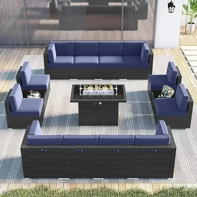 15 Piece Patio Furniture Set ,with Fire Pit Table, Outdoor Conversation Set Wicker Rattan Sectional  with Coffee Table