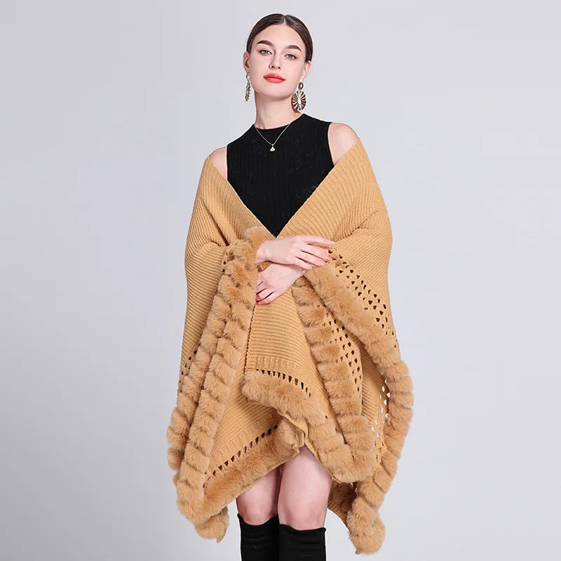 Novelty Fashion Knit Faux Fur Trim Shawl Long Cape Coat Autumn Winter Women Elegant Forked Cloak Wraps Big 2023 New