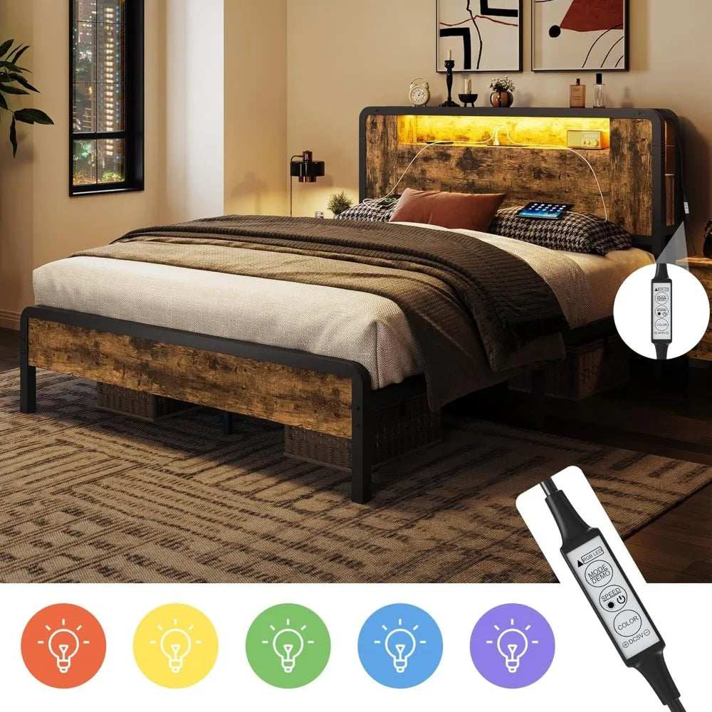 Queen Bed Frame Metal Bed with Wooden Headboard/Footboard, Storage Space and Adjustable LED Light, Mattress Foundation