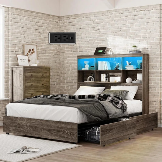 Bed Frame with LED Bookcase Headboard, Wooden Storage Bed with Charging Station & 4 Drawers, No Box Spring Needed/Noise-Free