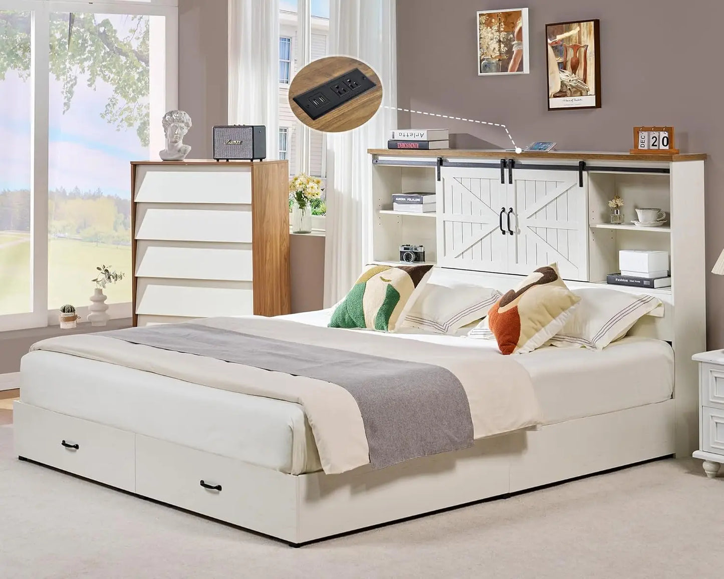 King Size Bed Frame, Wooden Platform Storage Beds with 51.2" Bookcase Headboard, 2 Drawers, Charging Station/Bed Frame