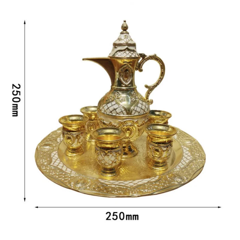 Turkish Tea Set Retro Coffee Cup Set Long Spout Wine Set Wine Pot with Teapot Tea Tray 6 Metal Cups Home Tea Table Decoration