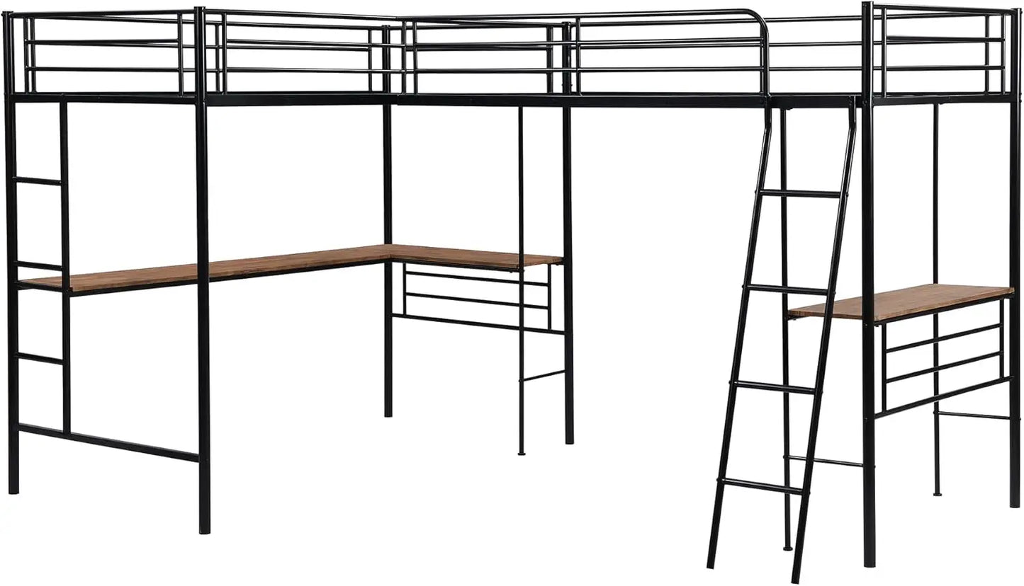 Size Loft Beds, Metal L-Shaped Loft Bed Frame with Two Desk Underneath for 2 Kids Boys Girls Teens, Black