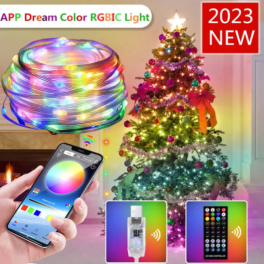 USB LED String 2023 Christmas Tree Lights Decoration with Smart Bluetooth App Remote Control Home Decor Fairy Light Garland Gift