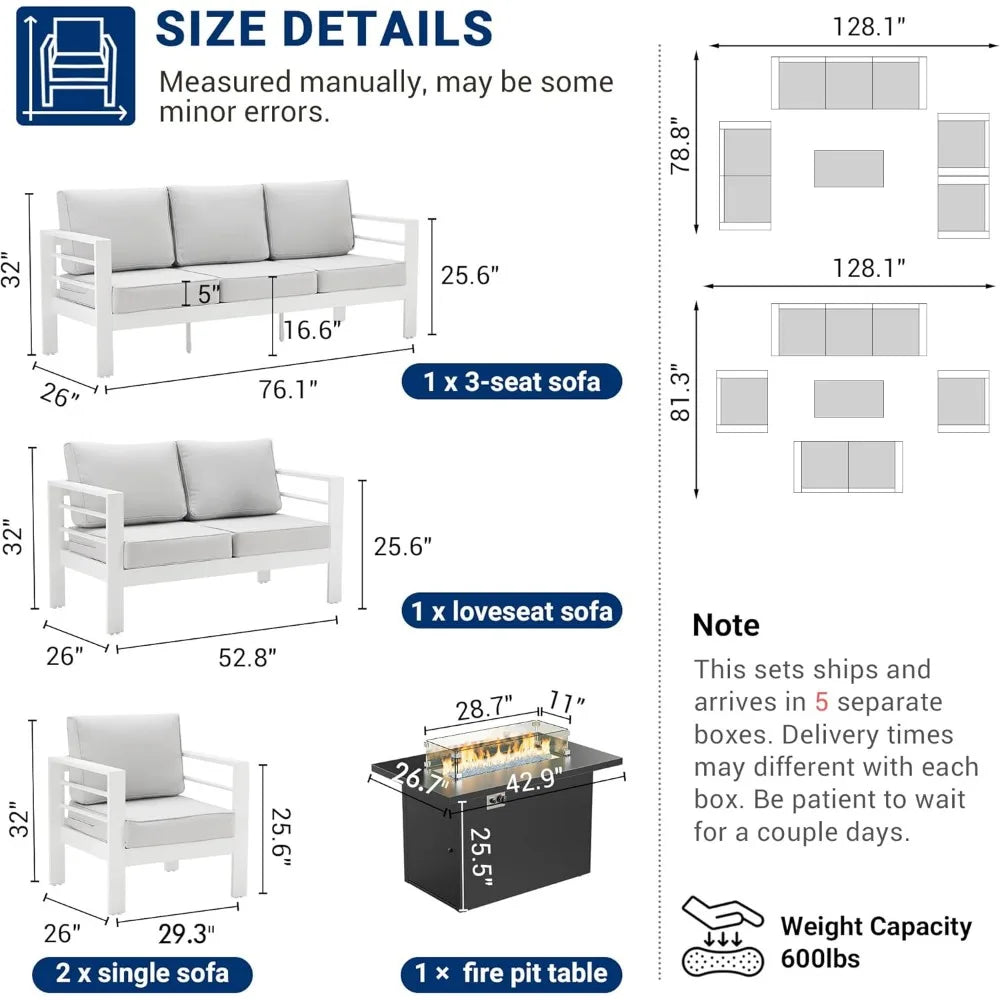 Patio Furniture Set, with Fire Pit, 7 Seats Modern Outdoor Furnitures with Thickness 5" Cushion, Outdoor Garden Furniture Sets