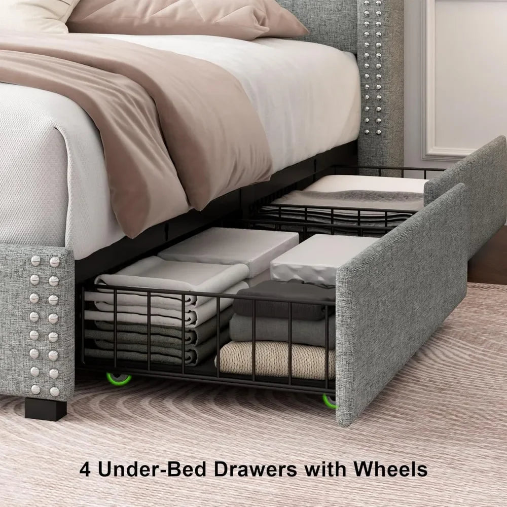 Queen Bed Frame with 4 Storage Drawers, Upholstered Platform Bed Frame with Charging Station & Wingback Headboard, Solid Wood