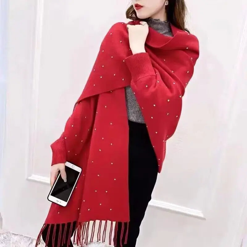 4 Colors Soild Cloak Oversize Beading Crystal Winter Knitted Shawl Poncho Out Wear Coat Gift For Women Shinny Long Sleeves Cape