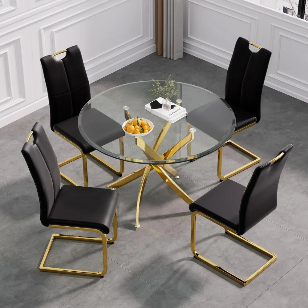 5 Piece Glass Dining Table Table Set, with 4 PU Dinings Chairs for Kitchen Dining Room,Kitchen Table Set