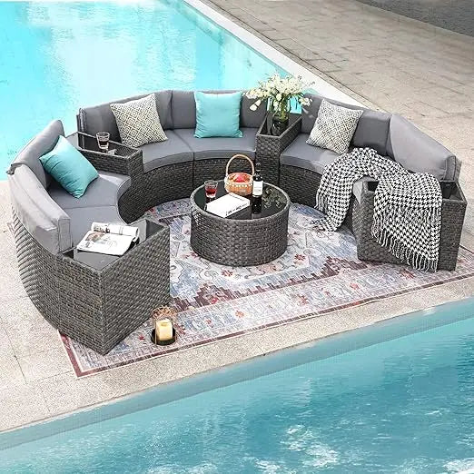 Outdoor Patio Furniture,11Piece Half-Moon Sectional Round Patio Furniture Set,Tempered Glass Round Coffee Table,Outdoor Sofa Set