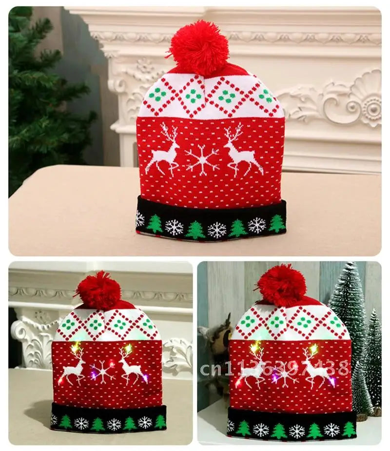 Knitted LED Christmas Hat  Beanie Light Up Illuminate Warm Hat Christmas Tree Snowman Kids Adults New Year Christmas Decor