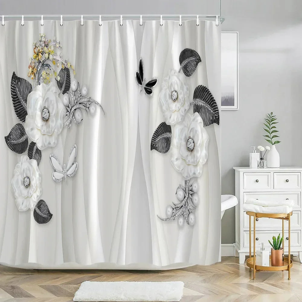 Elegant Bouquet of Fantastic White Flowers 3D Style Shower Curtain Bathroom Curtain with Bath Rug Carpet Set Floral Home Decor