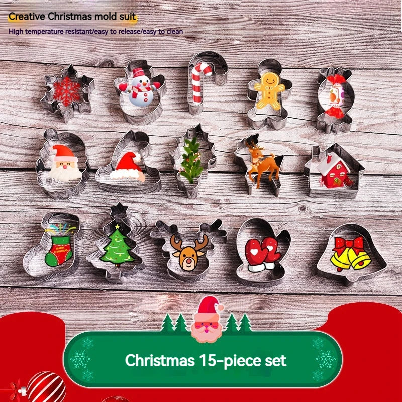 Cookie Molds Christmas 15 Pieces Set Stainless Steel Cookie Cutting Creative Cartoon Cookie Stamping Sugar Cake Cookie Molds