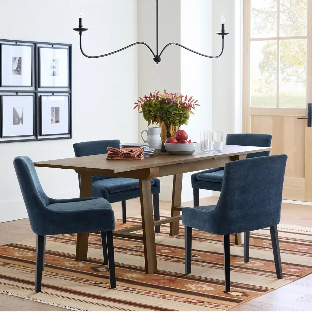 Upholstered Corduroy Accent Side Leisure Chairs With Mid Back and Wood Legs for Living Room/Dining Room-Blue Chair Chaises Table