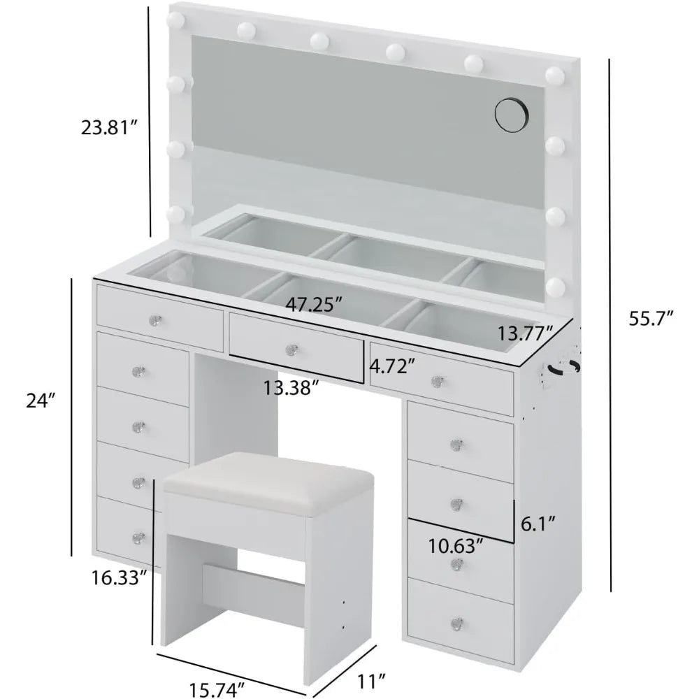 Vanity Desk with Power Outlet, Mirror and 12 LED Lights, 3 Lighting Modes, 11 Drawers Vanity Table with Chair, Glass Top