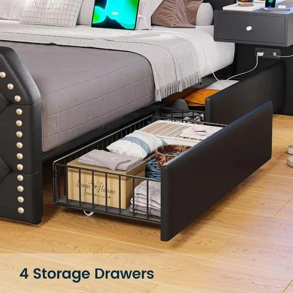 Queen Size 53” Tall Platform Bed Frame With 4 Storage Drawers Built in Charging Station & LED Bedroom Black Headboards Under Bed