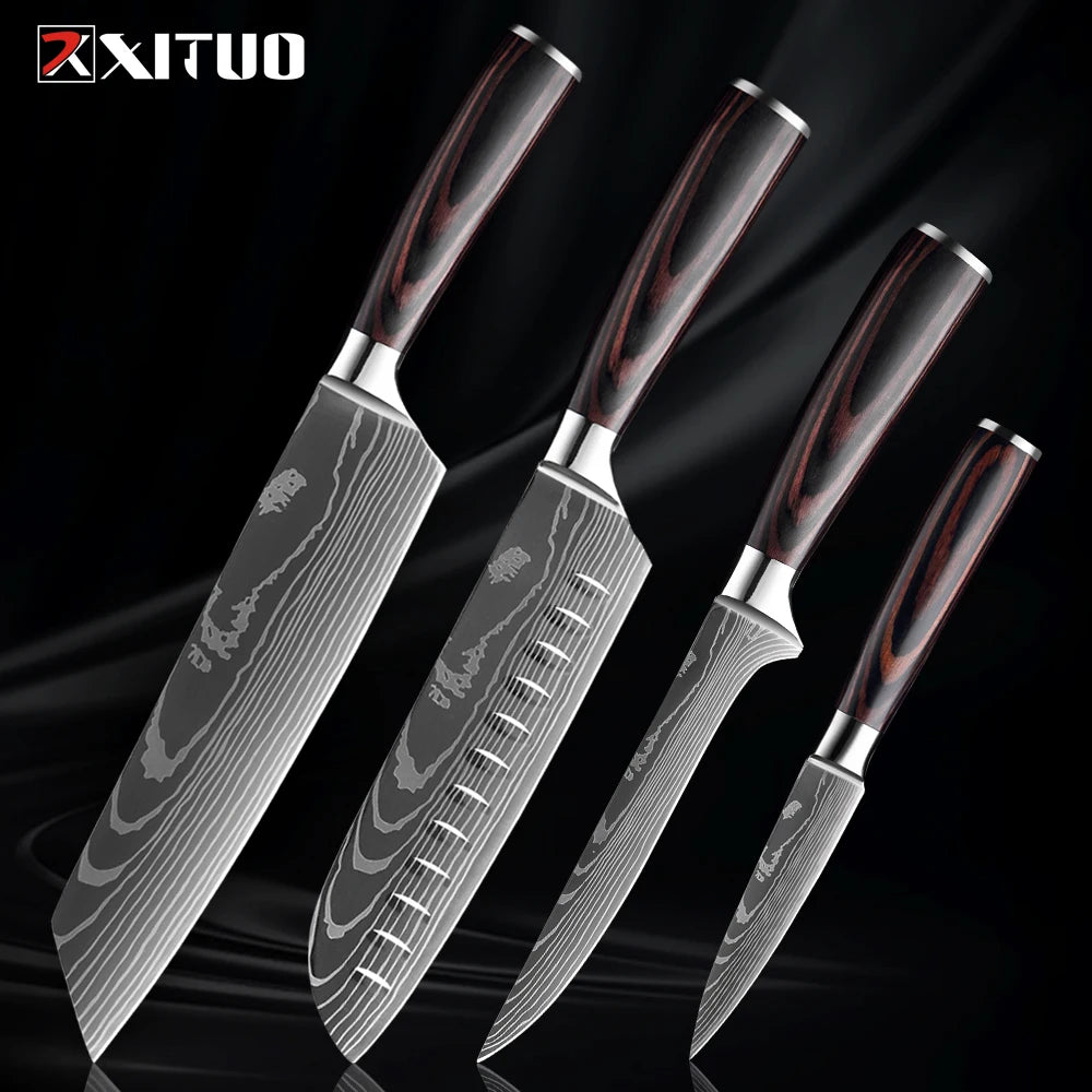 XITUO Kitchen Knife Set 1-9PCS,7Cr17Mov Stainless Steel Sharp Chef Knife Santoku Knife Fruit knife Ergonomic Pakkawood Handle